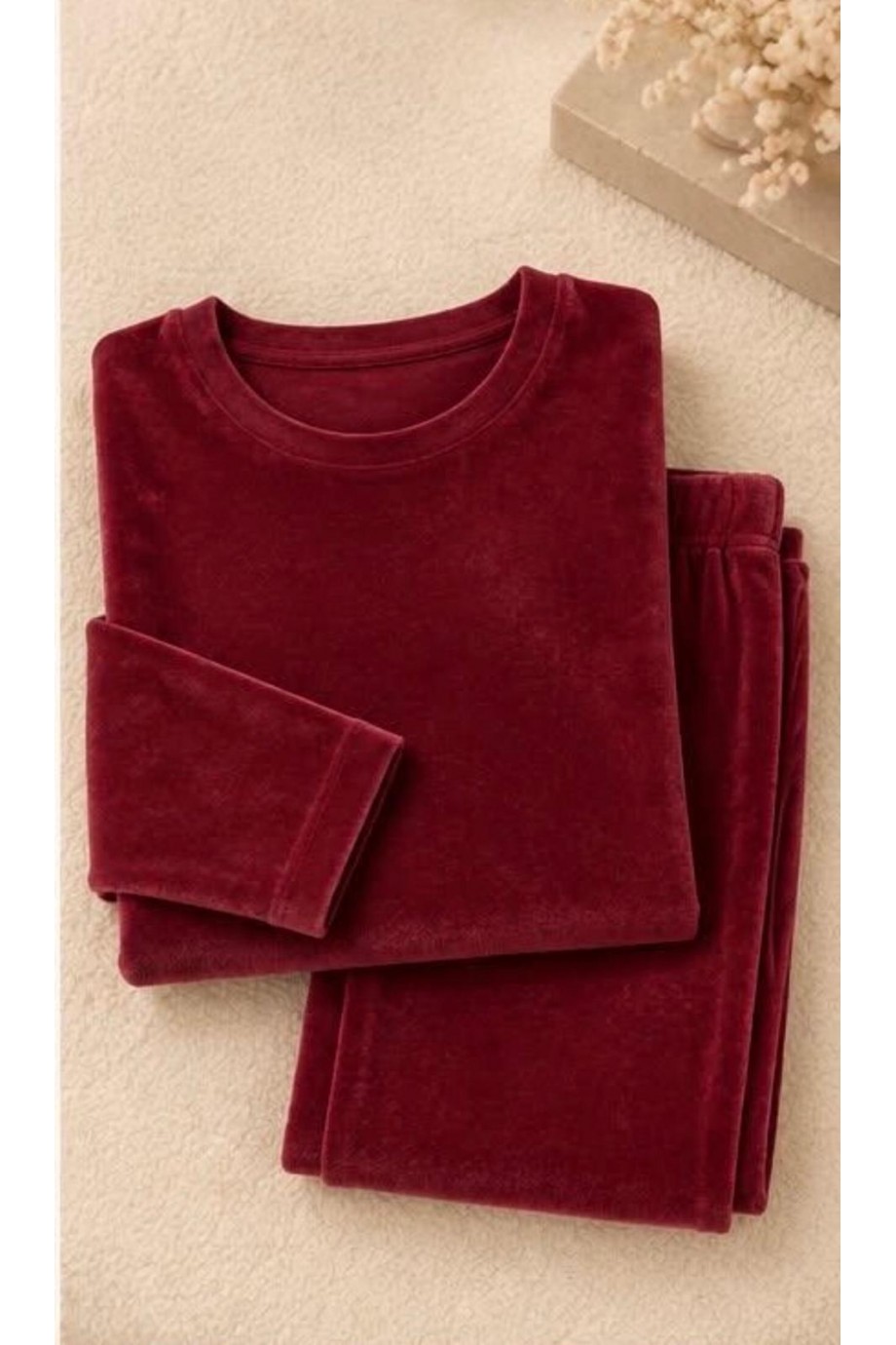 Fransız kadife bordo kadın pijama takımı